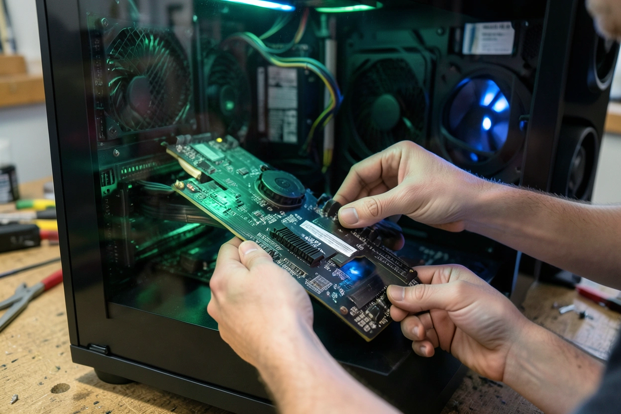 Mains installant une carte graphique dans un boîtier PC