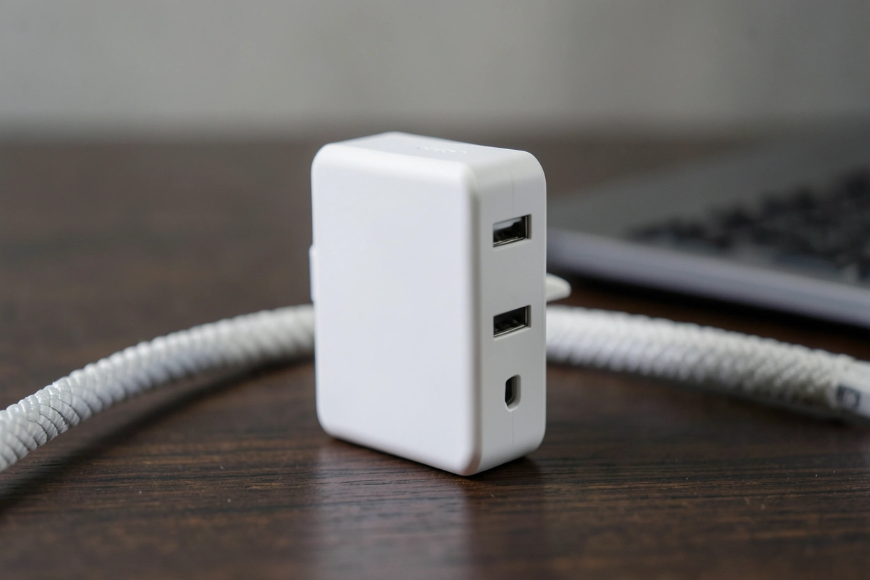 Chargeur mural blanc 65 W à deux ports USB-C sur un bureau en bois