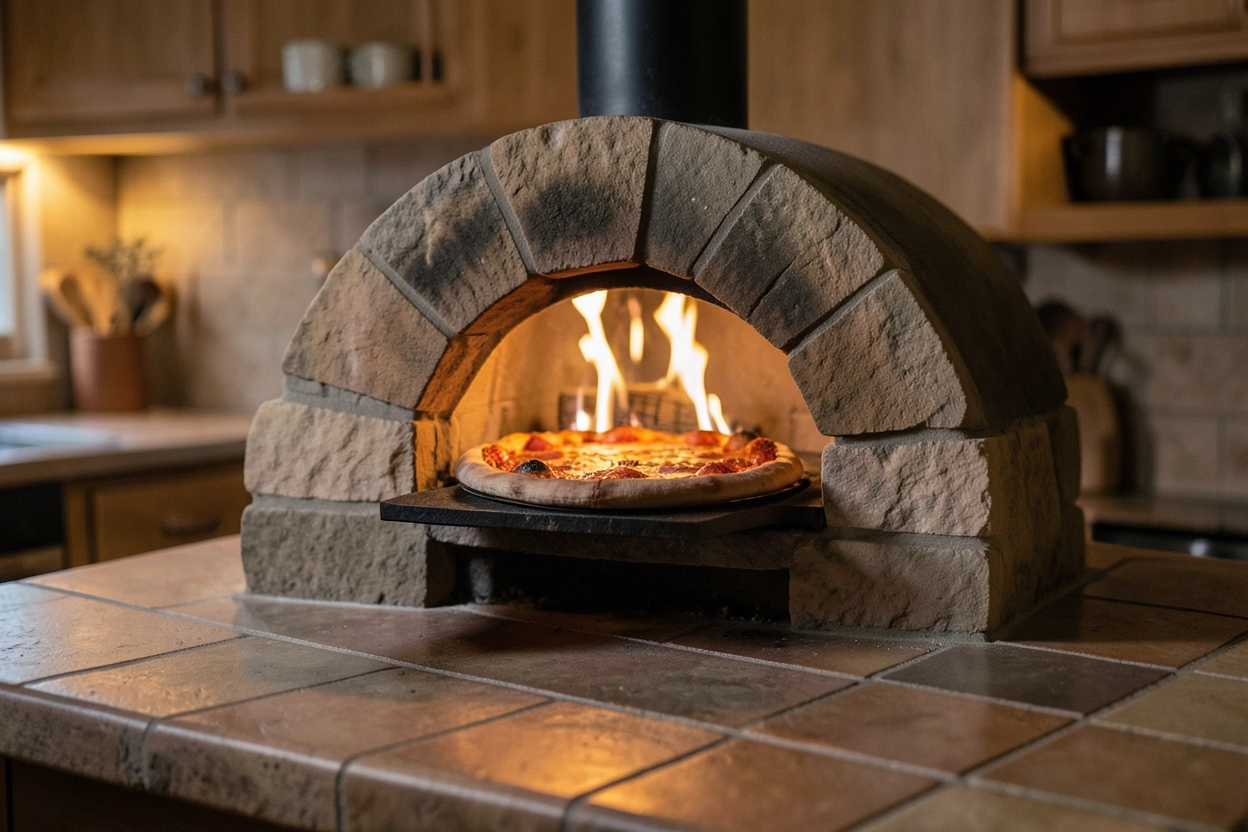 Four à pizza à bois dans une cuisine, flamme visible