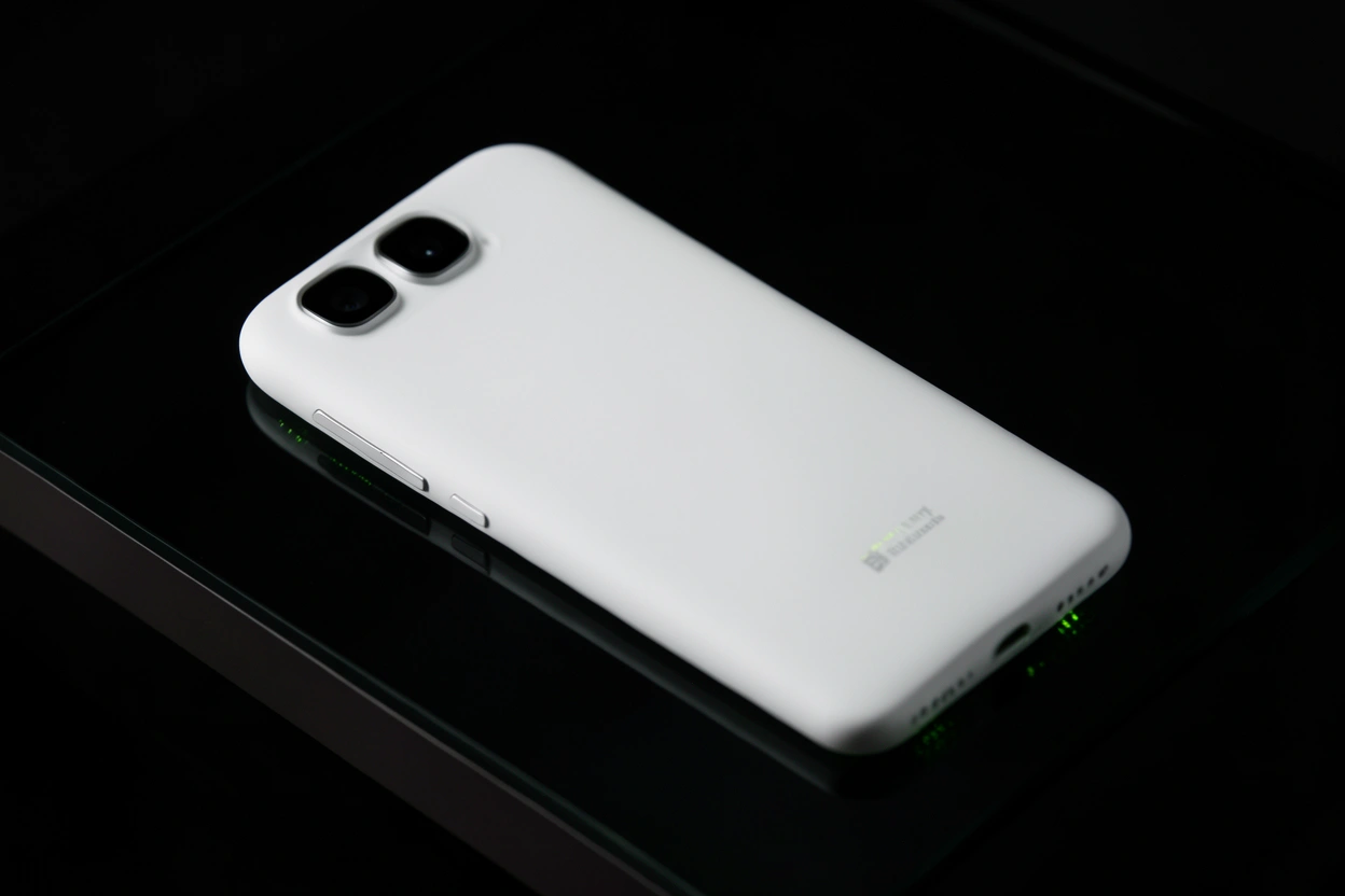 Dos mat blanc du Pixel 11 avec barre caméra horizontale et LED