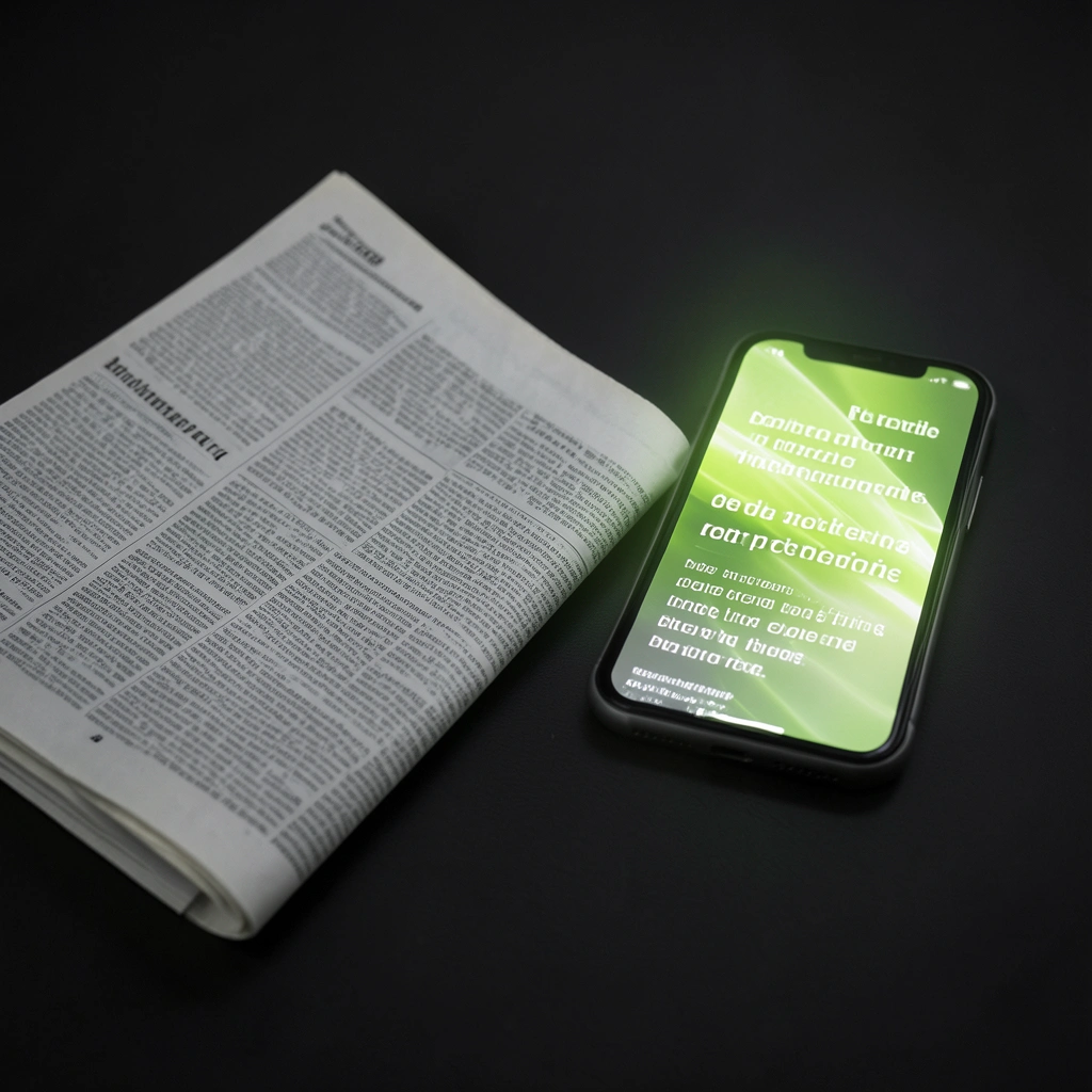 Journal plié et smartphone lumineux sur un bureau
