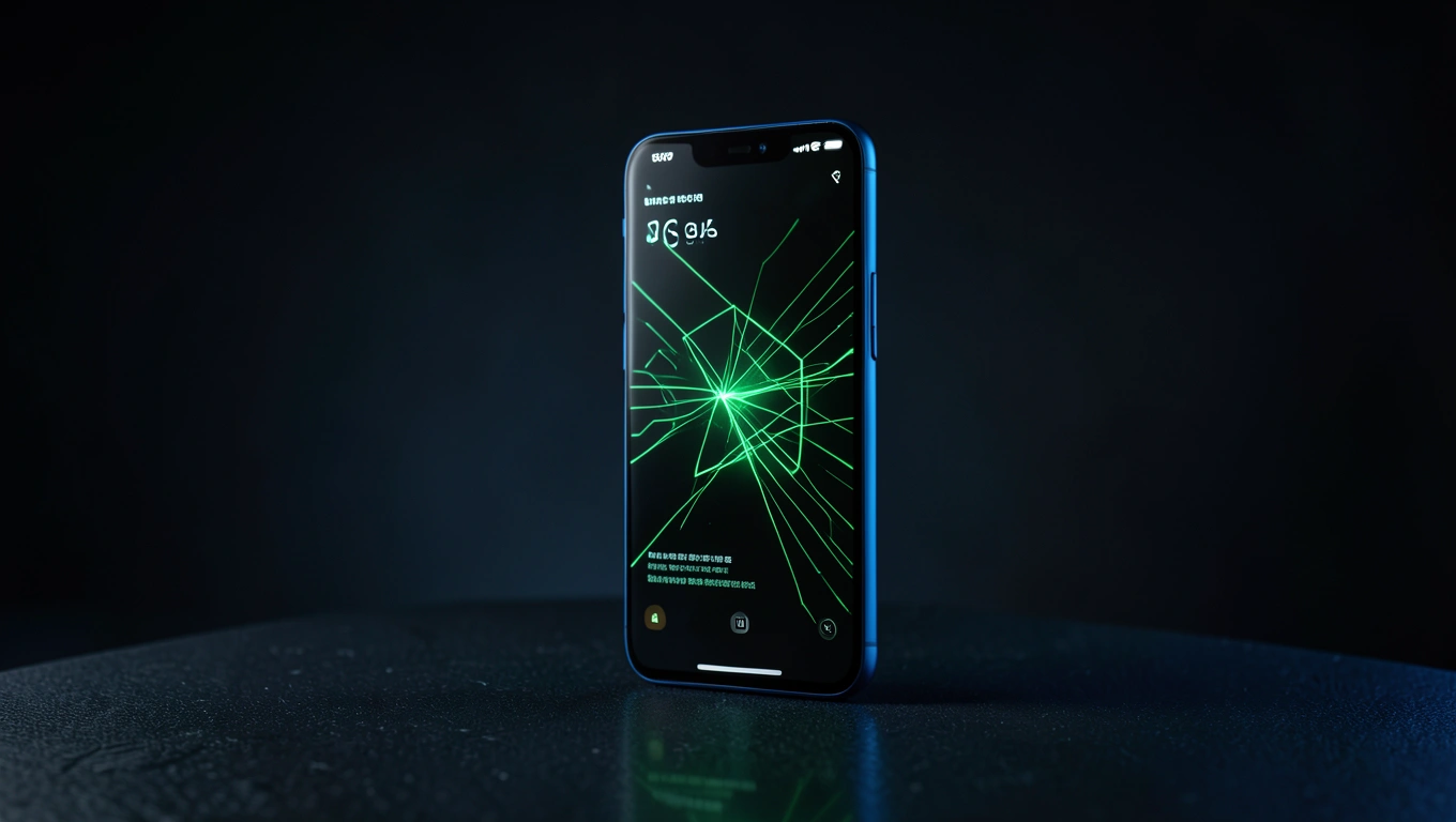Smartphone haut de gamme posé sur une surface sombre, écran lumineux dans une ambiance néon